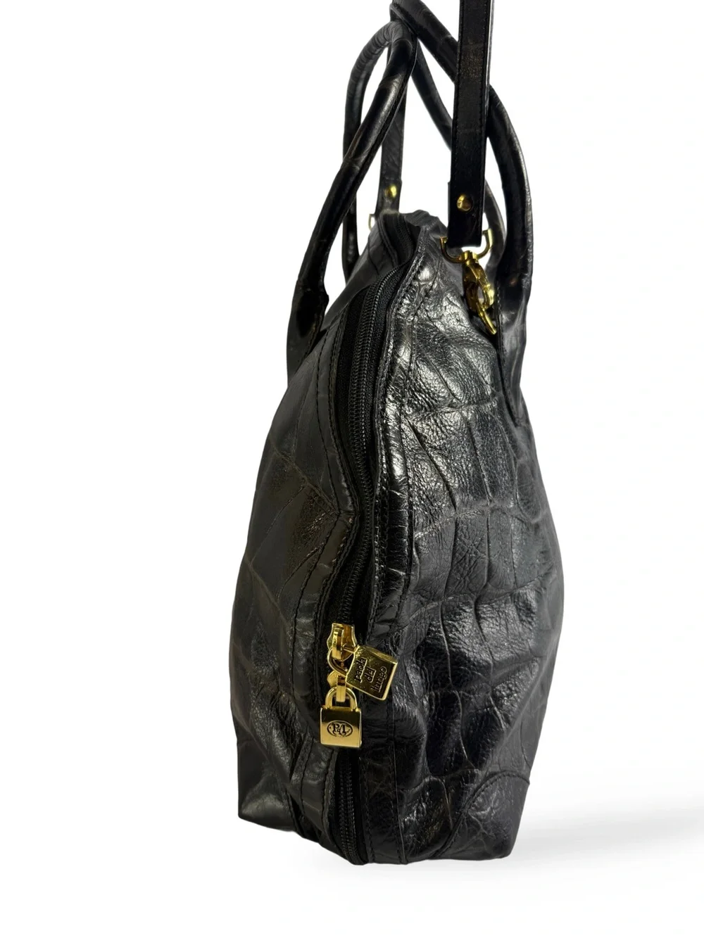 Black Croc-Embossed Dome Satchel with Dual Handles